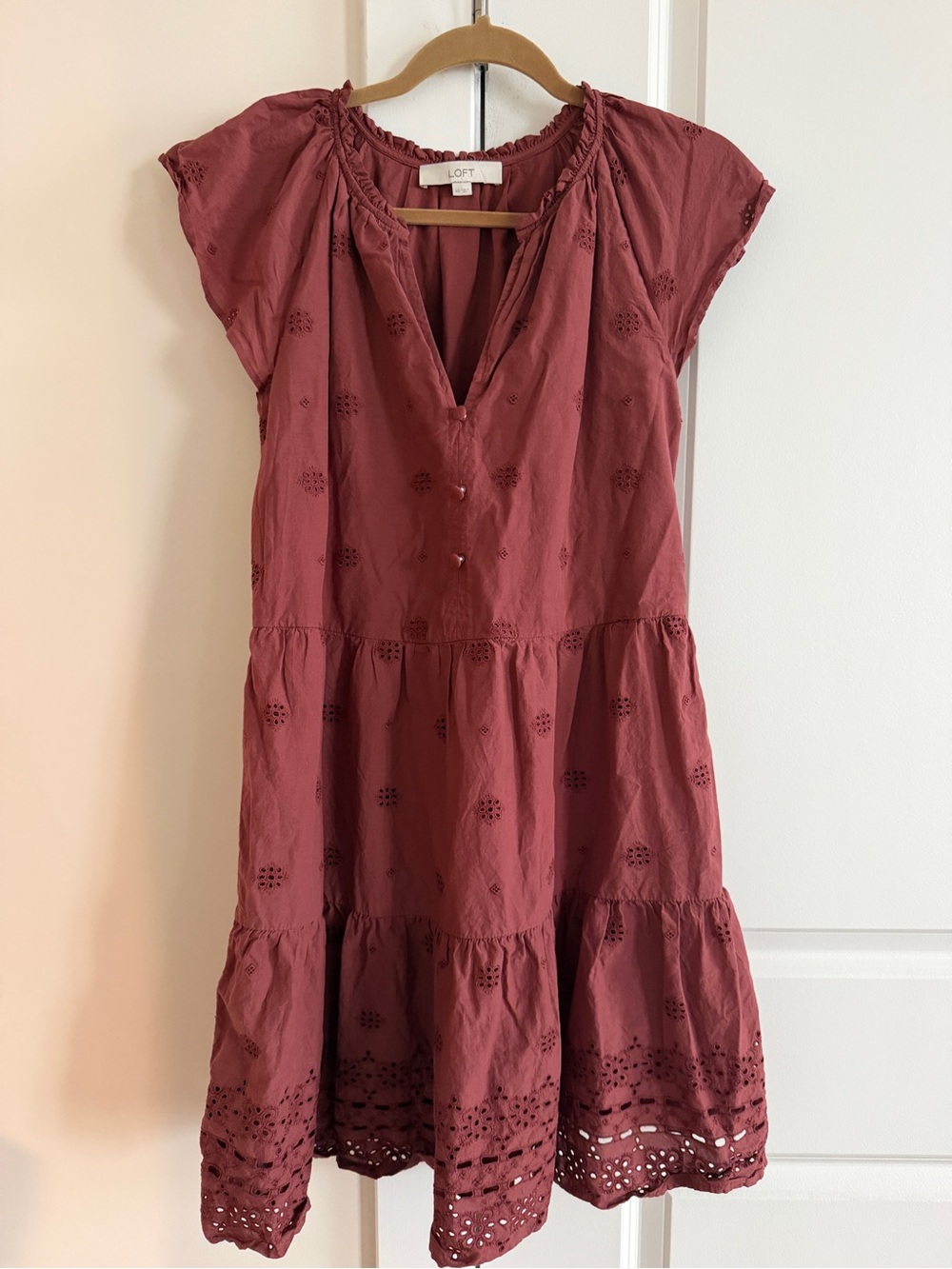 LOFT Mauve Eyelet Tiered Mini Dress